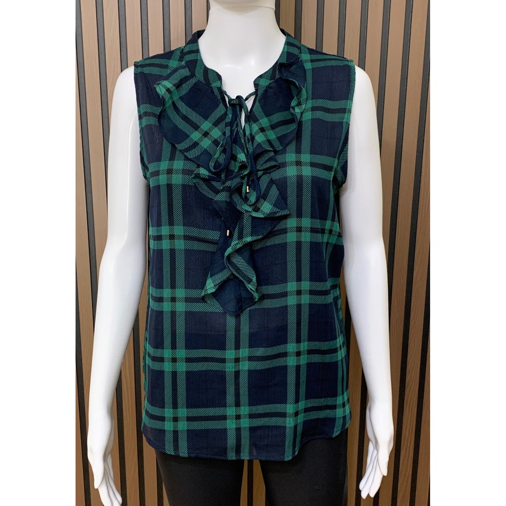 Tommy Hilfiger Navy Green Plaid Ruffle Neck Sleeveless Blouse Top M NWT